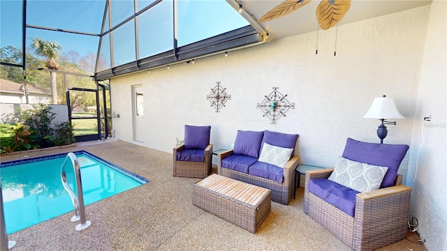 view of swimming pool with glass enclosure, a patio, a fenced in pool, and an outdoor living space