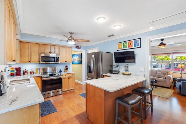 kitchen featuring a peninsula, ornamental molding, appliances with stainless steel finishes, and a sink