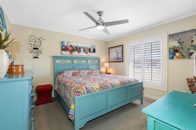 bedroom featuring crown molding, a ceiling fan, baseboards, and light carpet