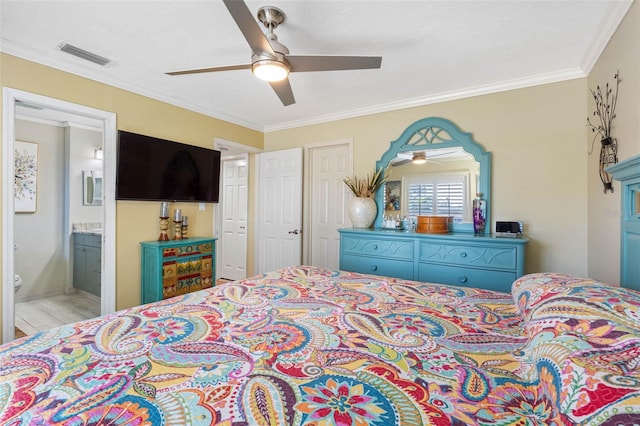 bedroom with visible vents, a ceiling fan, wood finished floors, connected bathroom, and crown molding