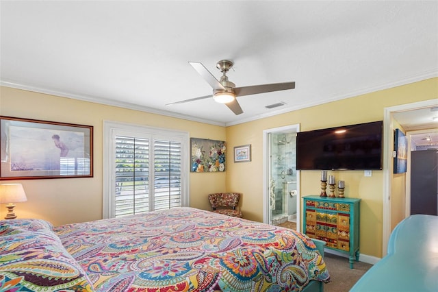 bedroom featuring visible vents, carpet flooring, crown molding, baseboards, and ceiling fan