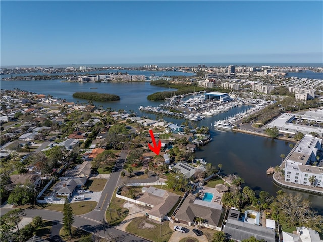 drone / aerial view with a water view