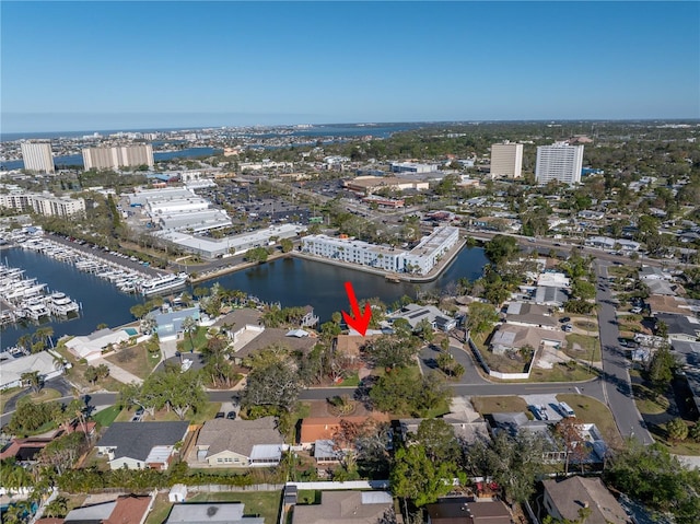 aerial view featuring a water view