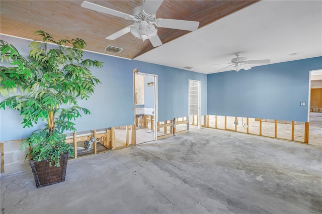 spare room with wood ceiling, unfinished concrete floors, a ceiling fan, and visible vents