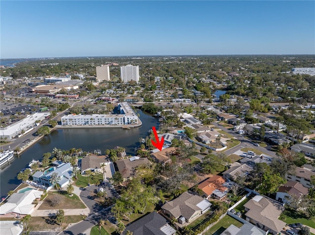 drone / aerial view with a water view