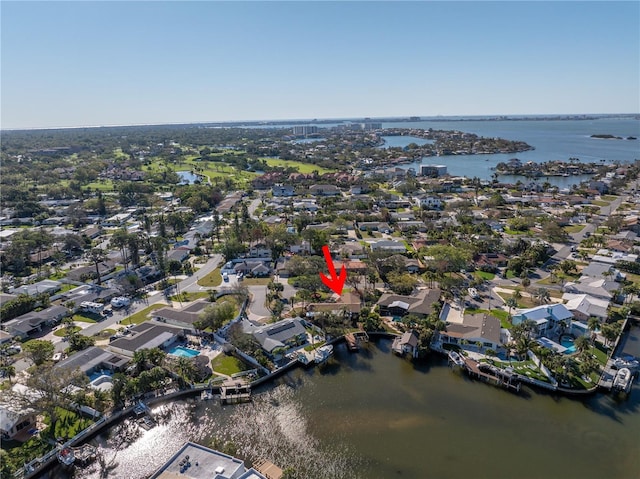 aerial view featuring a water view and a residential view