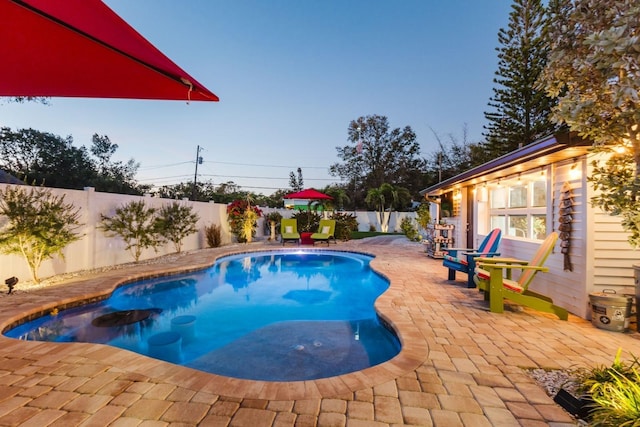 view of swimming pool featuring a fenced in pool, a fenced backyard, and a patio area