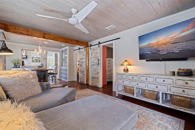 living room featuring a ceiling fan, wood finished floors, beam ceiling, wood ceiling, and a barn door