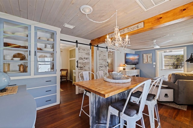 dining room featuring a barn door, crown molding, wood ceiling, ceiling fan, and dark wood-style flooring