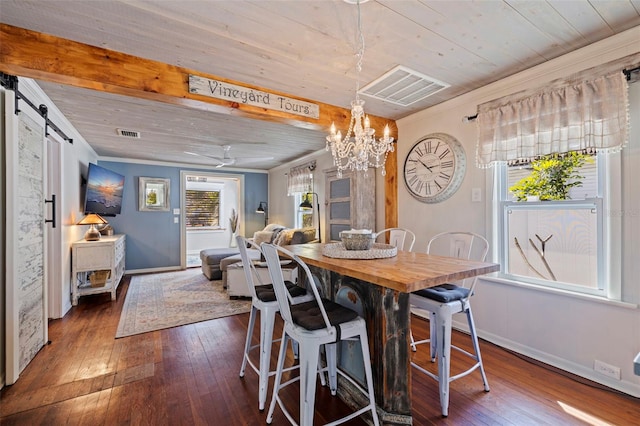 dining area with visible vents, wood ceiling, a barn door, ornamental molding, and dark wood-style floors