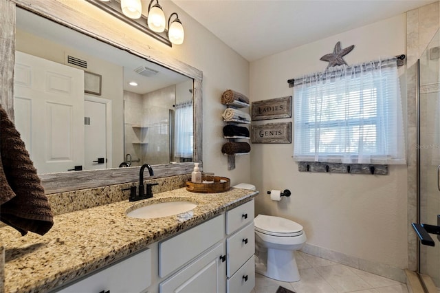 bathroom with tile patterned flooring, a shower stall, baseboards, and visible vents