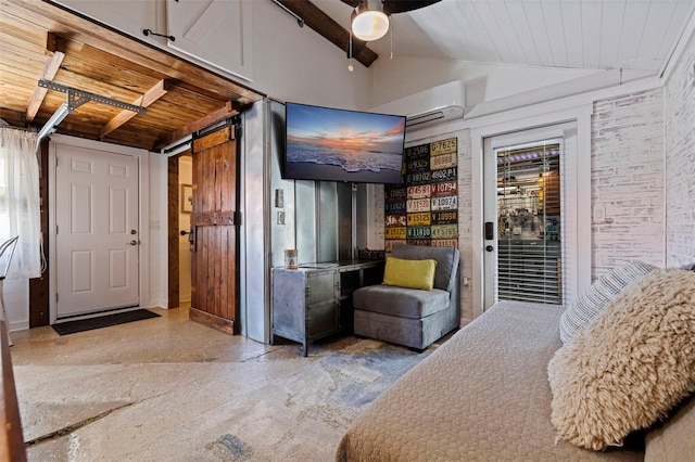 bedroom featuring access to exterior, lofted ceiling, a barn door, a wall unit AC, and wooden ceiling