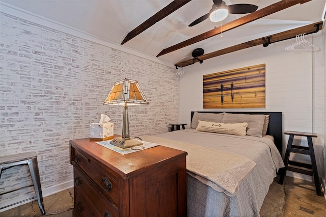 bedroom featuring vaulted ceiling with beams, a ceiling fan, baseboards, and brick wall