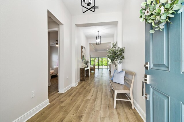 8766 Shadyside Ln, Land O Lakes, FL 34637 - foyer featuring a chandelier, light wood-type flooring, and baseboards