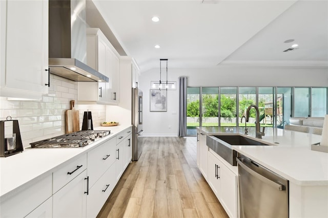 8766 Shadyside Ln, Land O Lakes, FL 34637 - kitchen featuring wall chimney range hood, appliances with stainless steel finishes, a sink, light wood-style flooring, and backsplash