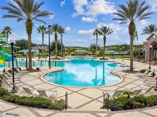 8766 Shadyside Ln, Land O Lakes, FL 34637 - community pool featuring a water slide and a patio
