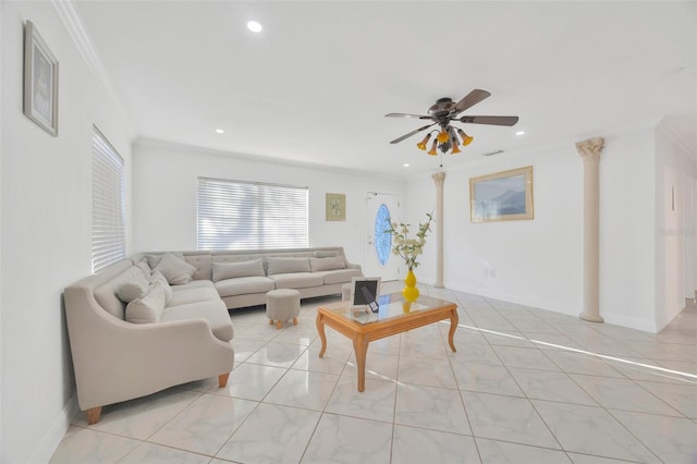 living area featuring crown molding, recessed lighting, baseboards, and ceiling fan