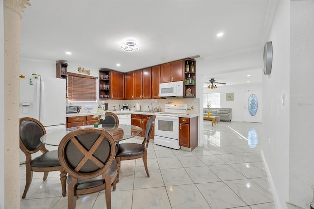 kitchen with white appliances, a ceiling fan, open shelves, light countertops, and backsplash