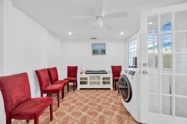 washroom featuring recessed lighting, visible vents, washer / dryer, and a ceiling fan