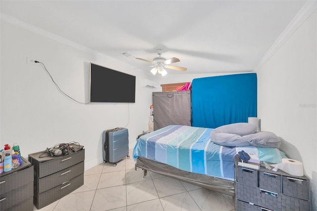 bedroom with crown molding, a ceiling fan, and marble finish floor