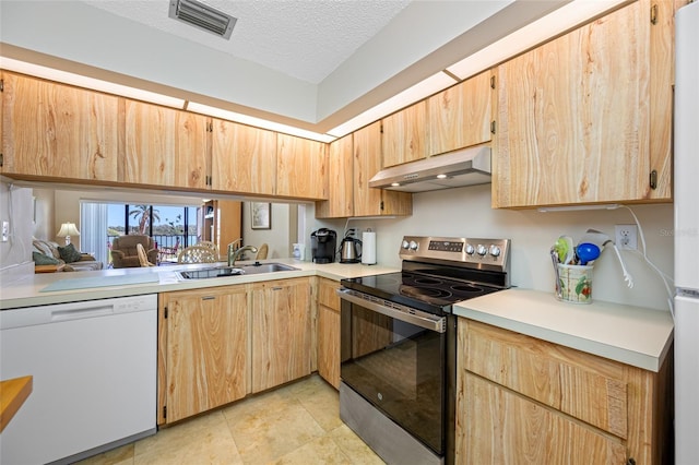 kitchen with stainless steel range with electric stovetop, under cabinet range hood, a sink, white dishwasher, and light countertops