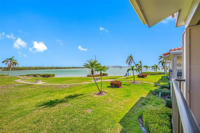 view of yard with a water view