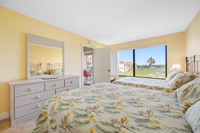 bedroom featuring light colored carpet, a textured ceiling, baseboards, and access to outside