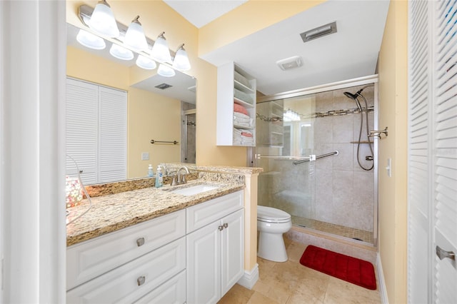 full bath featuring vanity, visible vents, a stall shower, a closet, and toilet