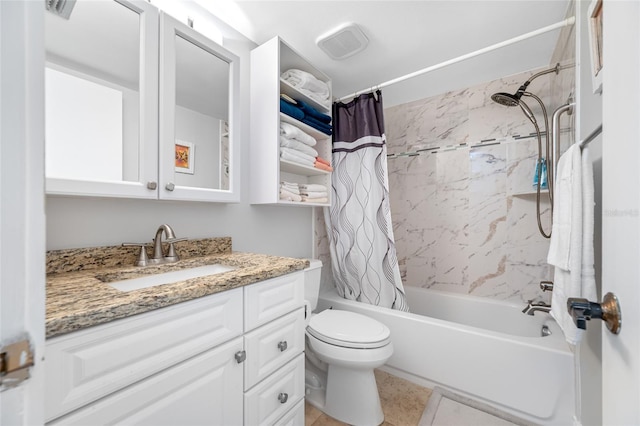 full bath featuring visible vents, toilet, vanity, and shower / bath combination with curtain