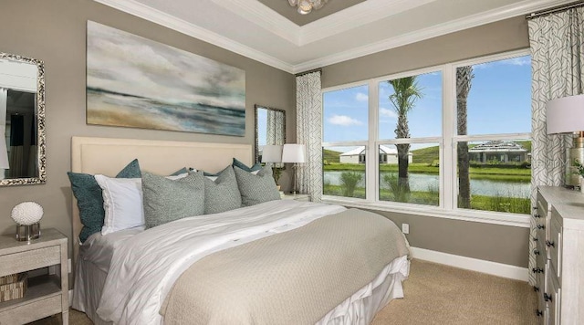 bedroom with a water view, a raised ceiling, ornamental molding, carpet flooring, and baseboards