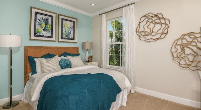 carpeted bedroom with recessed lighting, baseboards, and ornamental molding