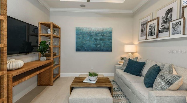 living area with crown molding, baseboards, and tile patterned floors