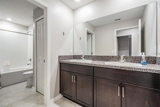 bathroom with tile patterned flooring, double vanity, visible vents, and a sink