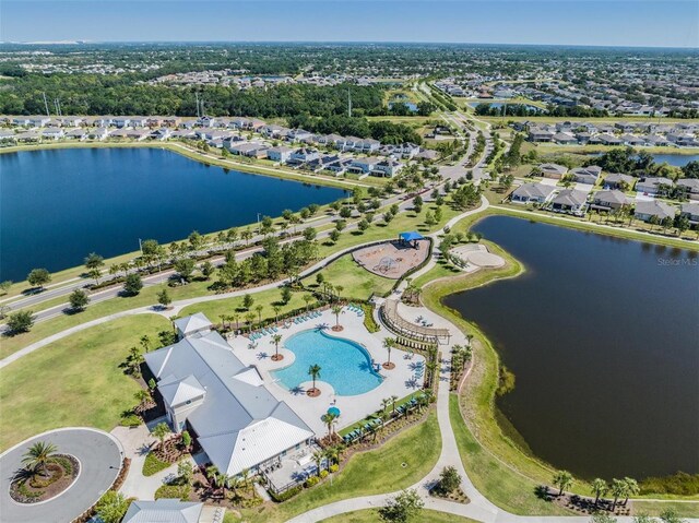 aerial view featuring a water view