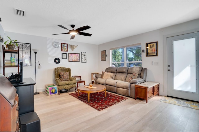 living area with a ceiling fan, visible vents, and light wood finished floors