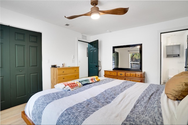 bedroom with a ceiling fan, wood finished floors, and visible vents