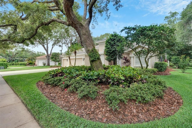 view of property exterior with a yard, driveway, and stucco siding