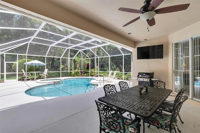 view of pool with outdoor dining area, grilling area, a ceiling fan, and a patio area