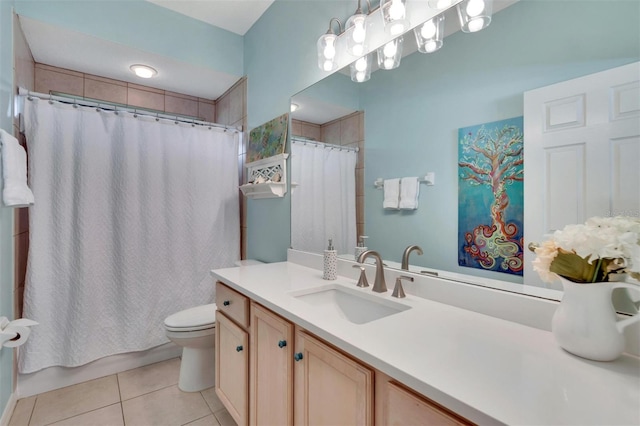 full bathroom with tile patterned flooring, shower / bath combination with curtain, toilet, and vanity