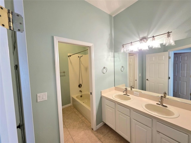 full bath featuring a sink, shower / bath combination, double vanity, and tile patterned floors