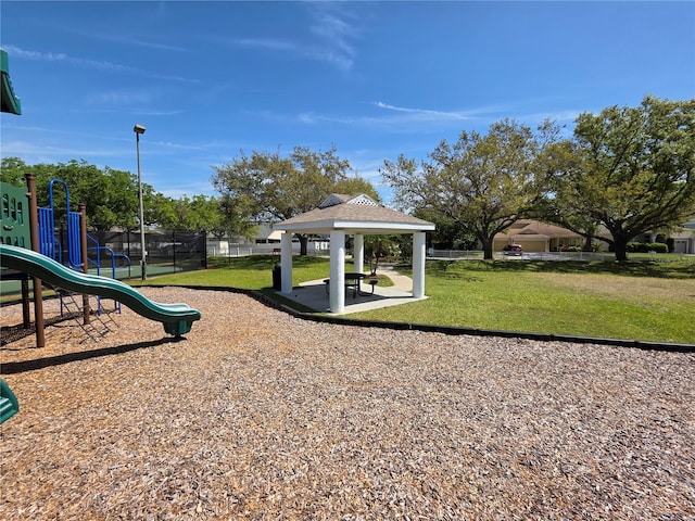 community playground with a gazebo and a lawn