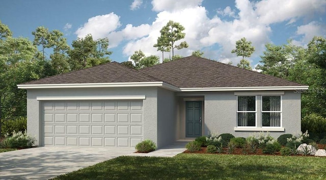 ranch-style home with a shingled roof, concrete driveway, a garage, and stucco siding