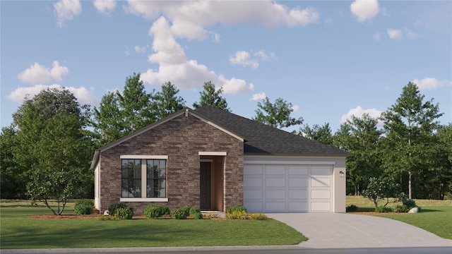 ranch-style home featuring concrete driveway, a front lawn, and roof with shingles