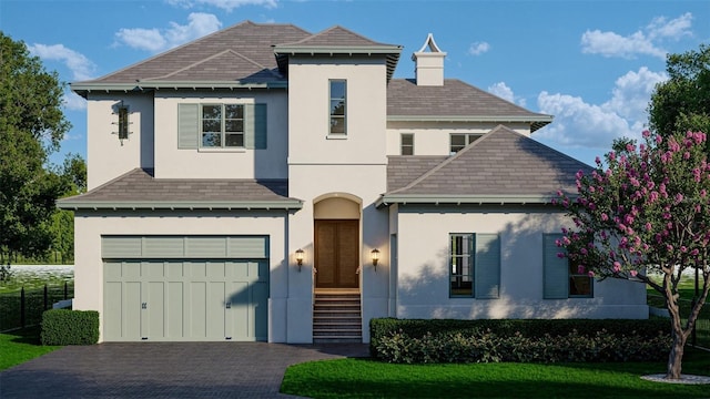 view of front of property with decorative driveway, a garage, and stucco siding