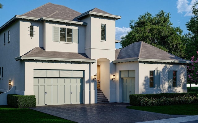 view of front of house with stairs, decorative driveway, an attached garage, and stucco siding