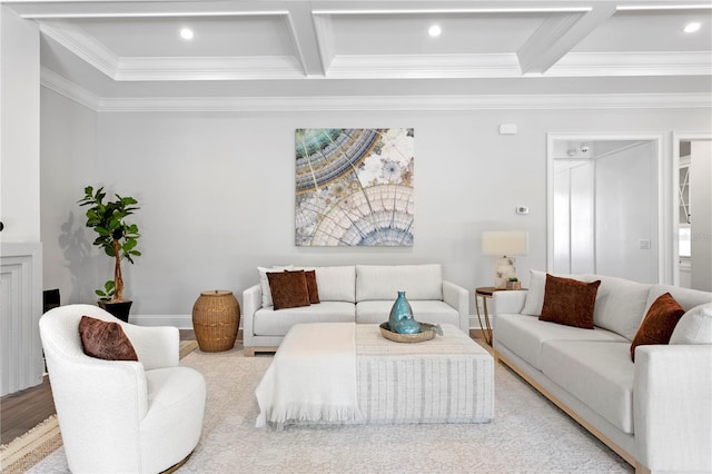 living area featuring beamed ceiling, crown molding, and wood finished floors