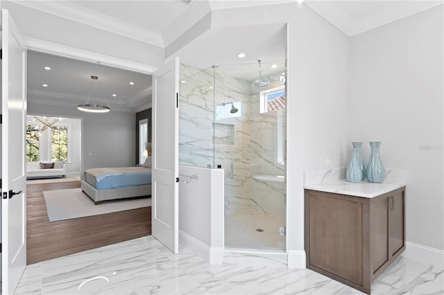 4614 W Lowell Ave, Tampa, FL 33629 - bathroom with crown molding, baseboards, marble finish floor, connected bathroom, and a marble finish shower