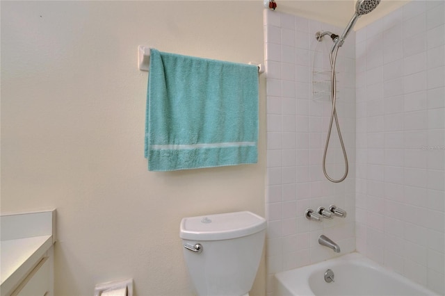 full bath featuring vanity, shower / tub combination, and toilet