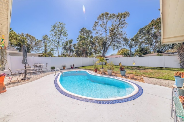 view of pool featuring a fenced backyard, a fenced in pool, and a patio