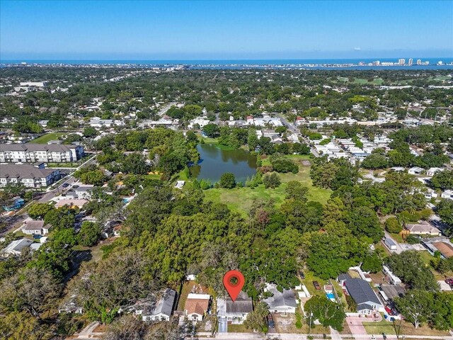 drone / aerial view featuring a water view
